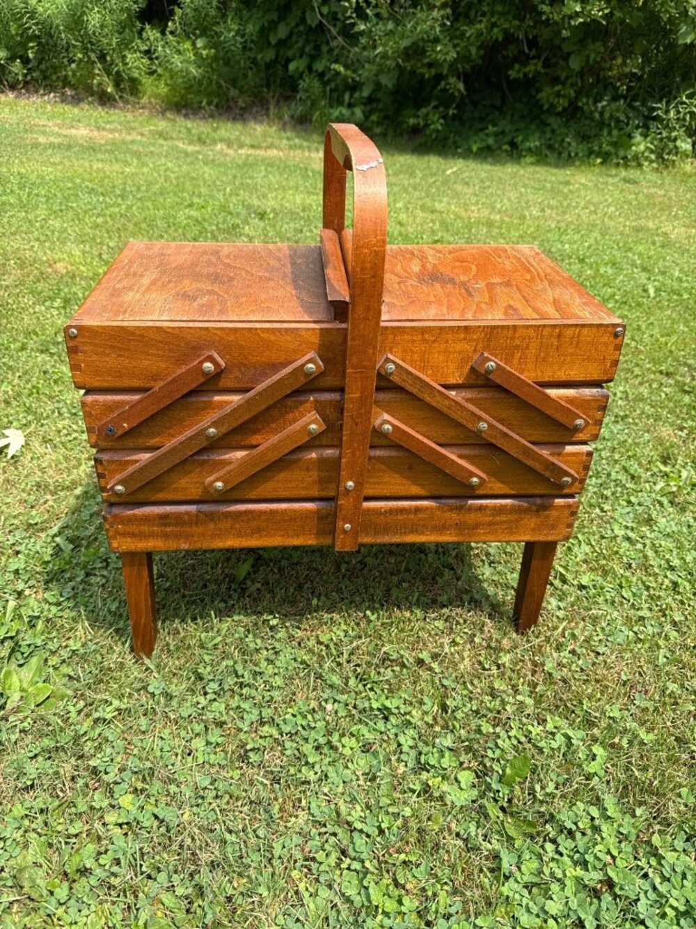 Vintage Wooden Sewing Box Accordian Made Romania Wood Storage Organizer